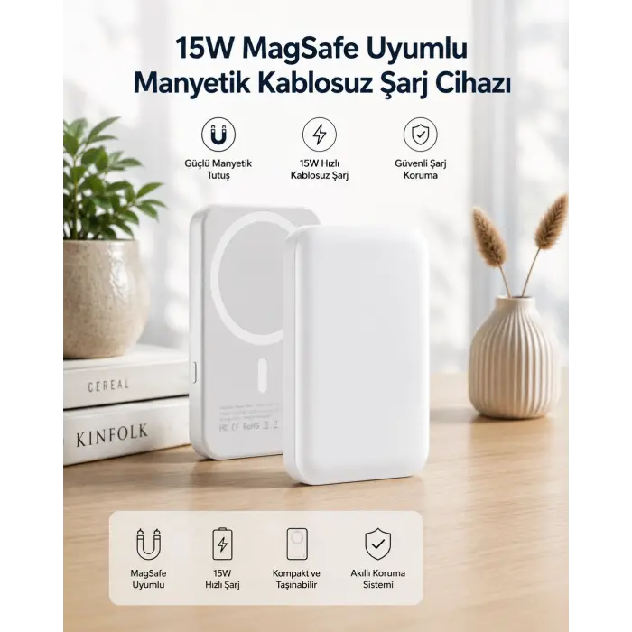 15W MagSafe Uyumlu Manyetik Kablosuz Powerbank 5000 mAh