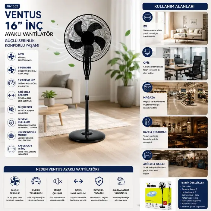 16 Inc İnç Ev Tipi Ayaklı Vantilatör 45w 5 Pls.pervane 3 Kademe Hız Fan Bx40