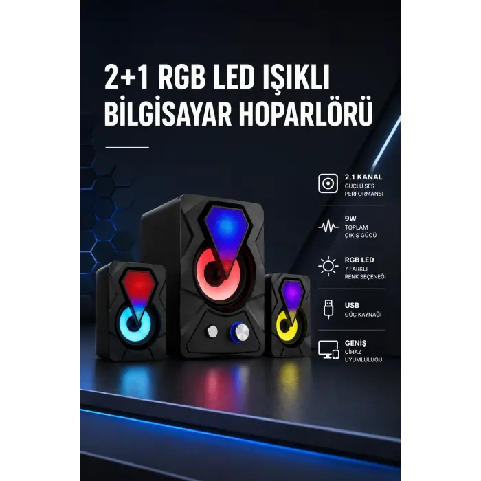 2+1 RGB LED Işıklı Güçlü Bas Sistemli Bilgisayar Hoparlörü