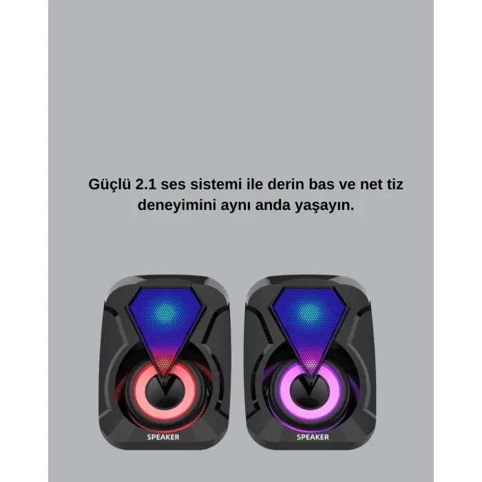 2+1 RGB LED Işıklı Güçlü Bas Sistemli Bilgisayar Hoparlörü