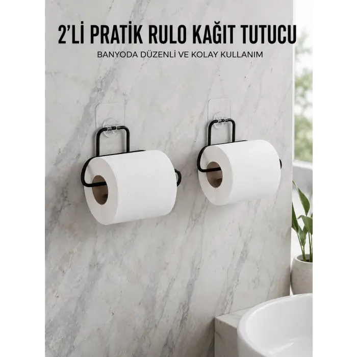 2 Adet Siyah Yapışkanlı Kağıtlık Duvar Tipi Tuvalet Kağıdı ve Rulo Tutucu