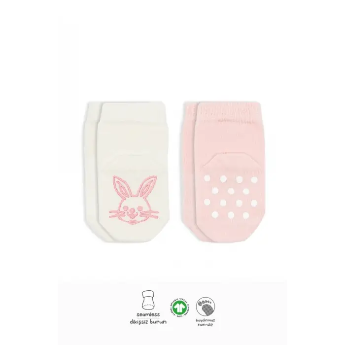 2Li Hayvan Figürlü Kaymaz Soket Çorap 10104 Pembe Ekru