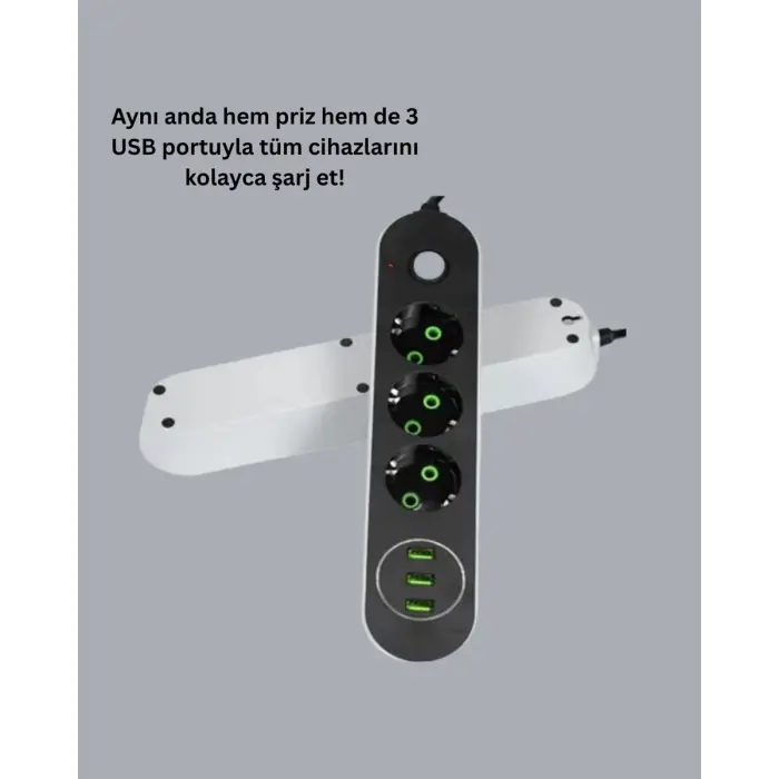 2 Metre Kablolu 3 USB Portlu Anahtarlı Üçlü Priz