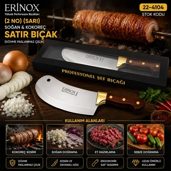 2 No Sarı Soğan - Kokoreç Zırh Satır Bıçak Dövme Paslanmaz Çelik Bx40