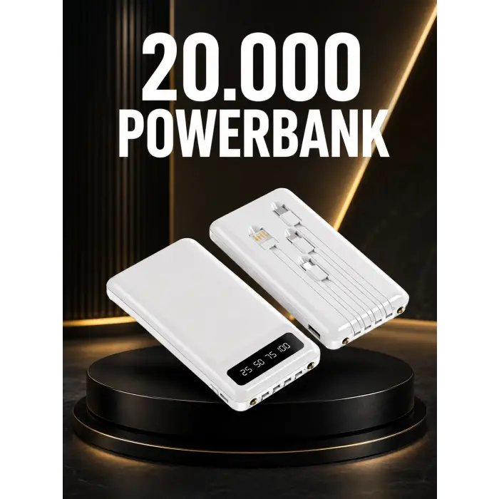 20.000mAh PD Powerbank LED Işık LCD Ekran Dahili Kablo Çoklu Giriş Yeni Nesil