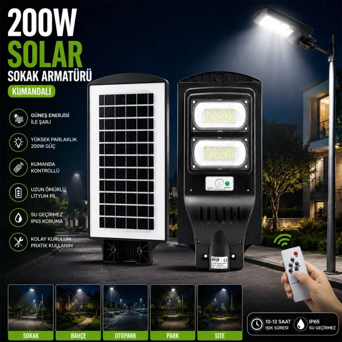 200w - 6500k Solar - Güneş Enerjili Sokak Lambası - Armatür Sensörlü Bahçe-balkon-sokak Ars-348965 Bx40