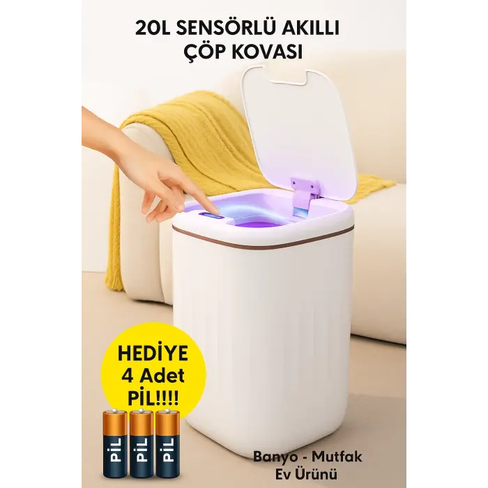 20L Sensörlü Akıllı Antibakteriyel Çöp Kovası Otomatik Kapaklı, Banyo Mutfak 4 Pil Yanında