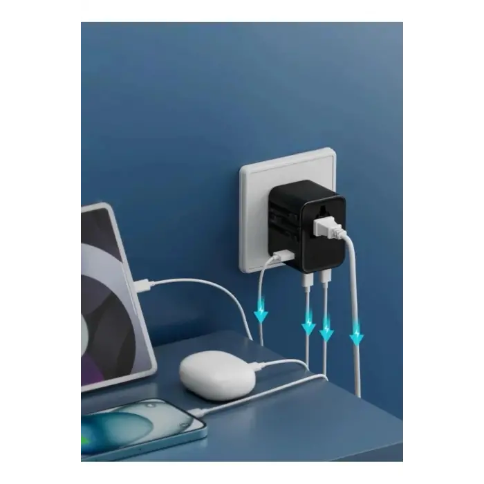 25w Evrensel Seyahat Adaptörü, Eu/us/uk/au Priz Dönüştürücü, 1x Usb, 2x Type-c Hızlı Şarj