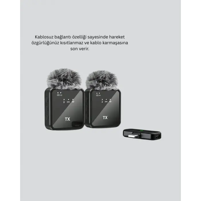 2in1 Kablosuz Yaka Mikrofonu iOS ve Android Uyumlu