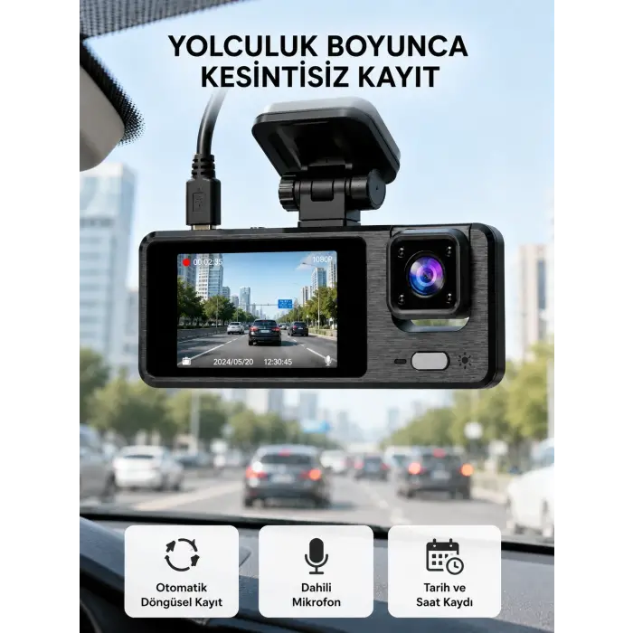 3 Kameralı Araç DVR 1080P Ön + HD Arka + İç Kamera Döngü Kayıt 2’’ Ekran