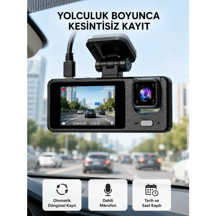 3 Kameralı Araç DVR 1080P Ön + HD Arka + İç Kamera Döngü Kayıt 2’’ Ekran