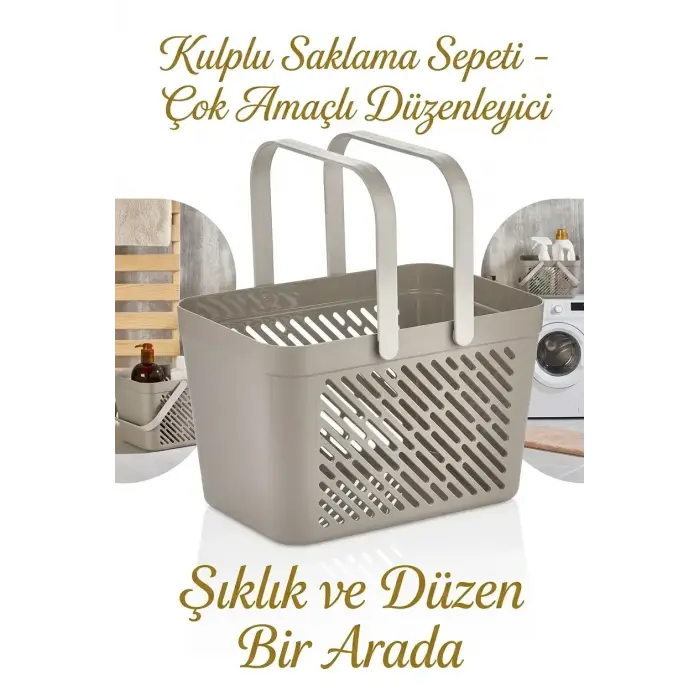 3lü Gri Çok Amaçlı Kulplu Sepet Mutfak Banyo Çamaşır Organizer Seti