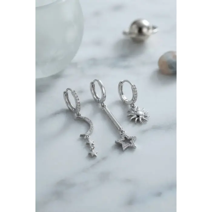 3 lü Set Ay Yıldız ve Güneş Model Gümüş Renk Kadın Küpe