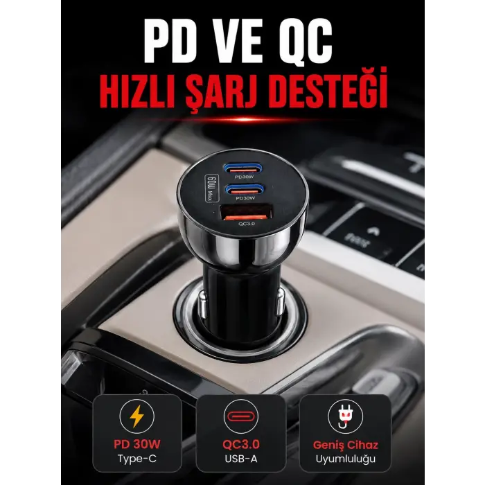 3 Portlu Araç İçi Şarj Adaptörü Çift PD Type-C ve QC3.0 USB Çıkışlı