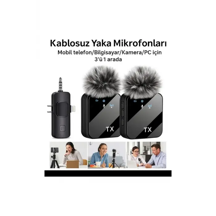 3ü 1 Arada Kablosuz Yaka Mikrofonu Seti ile Type-C, Lightning ve Jack Girişli Cihazlarda Kayıt