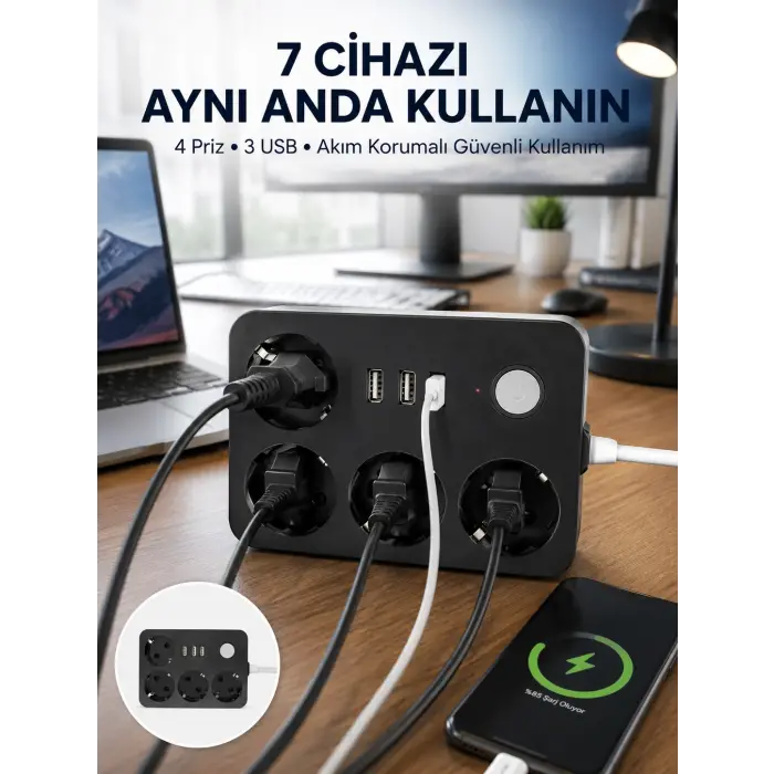 3 USB Çıkışlı 4’lü Akıllı Priz 2500W 2 Metre Kablo