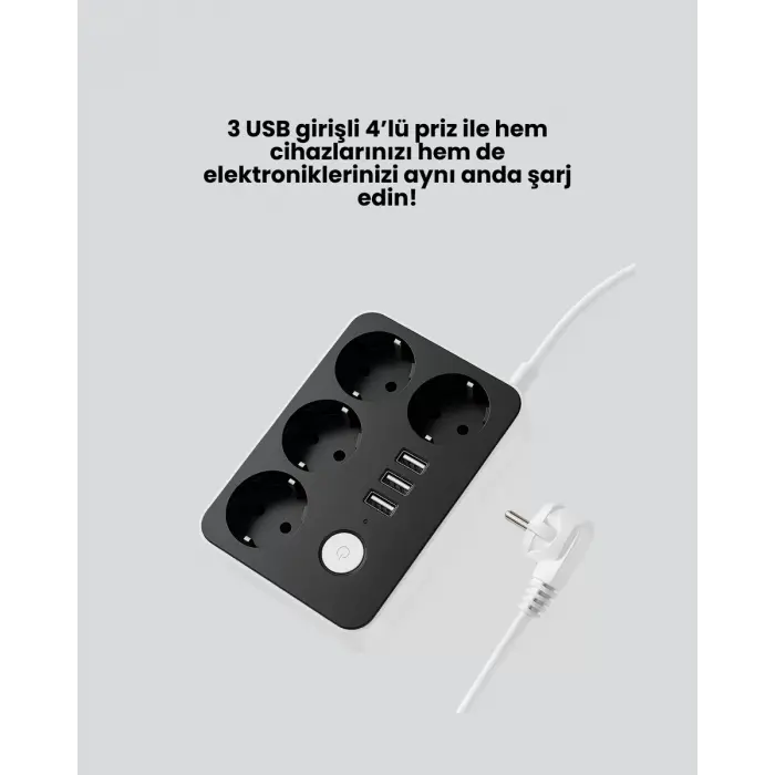 3 USB Çıkışlı 4’lü Akıllı Priz 2500W 2 Metre Kablo