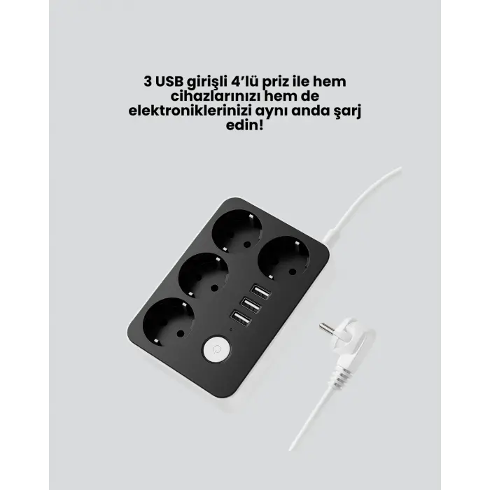 3 USB Çıkışlı 4’lü Akıllı Priz 2500W 2 Metre Kablo