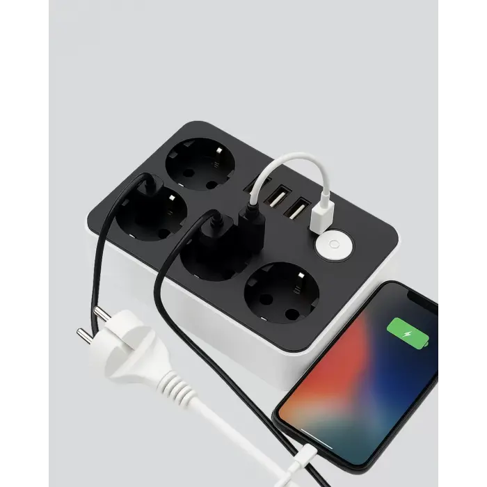 3 USB Çıkışlı 4’lü Akıllı Priz 2500W 2 Metre Kablo