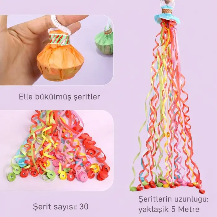 30 Şeritli Renkli Elle Atılan Konfeti – 5 Metre Uzayan Şerit Konfeti 1 Adet Bx40