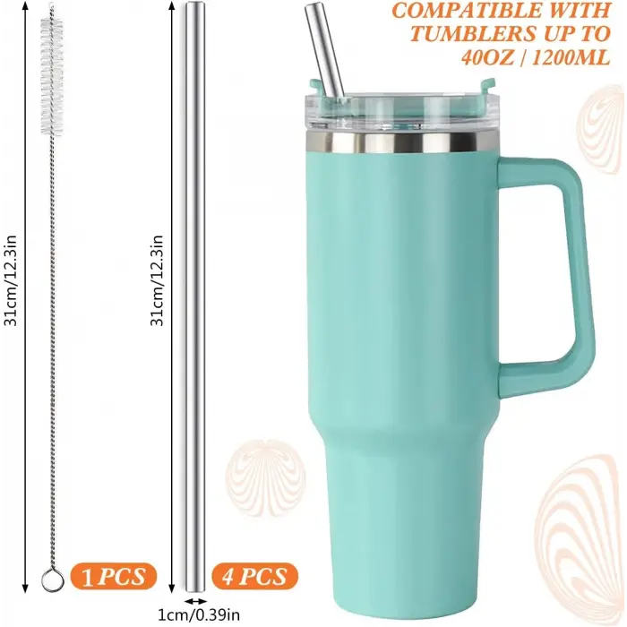 31 cm Ekstra Uzun Paslanmaz Çelik Pipet Seti – 3 Parça (Eğri + Düz + Fırça)