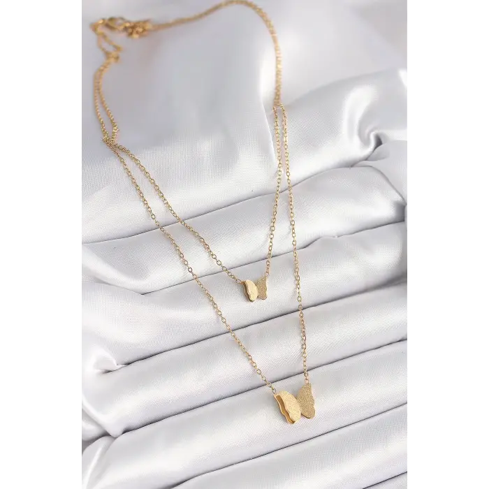 316L Çelik Gold Renk 2Li Simli Kelebek Model Kadın Kolye 5886