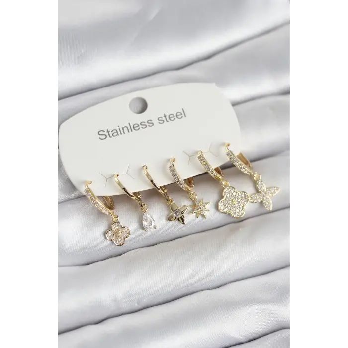 316L Çelik Gold Renk 6lı Set Yonca Model Kadın Küpe
