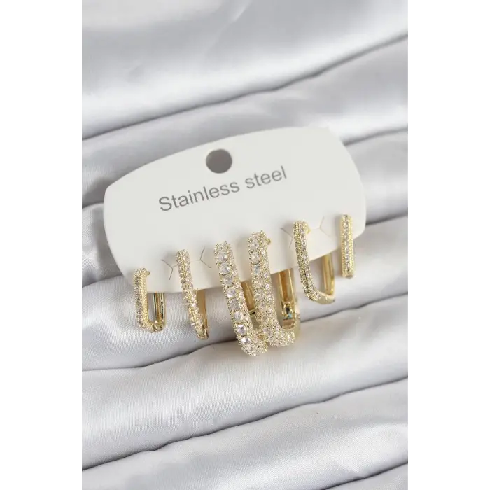 316L Çelik Gold Renk 6lı Set Zirkon Taşlı Kadın Küpe