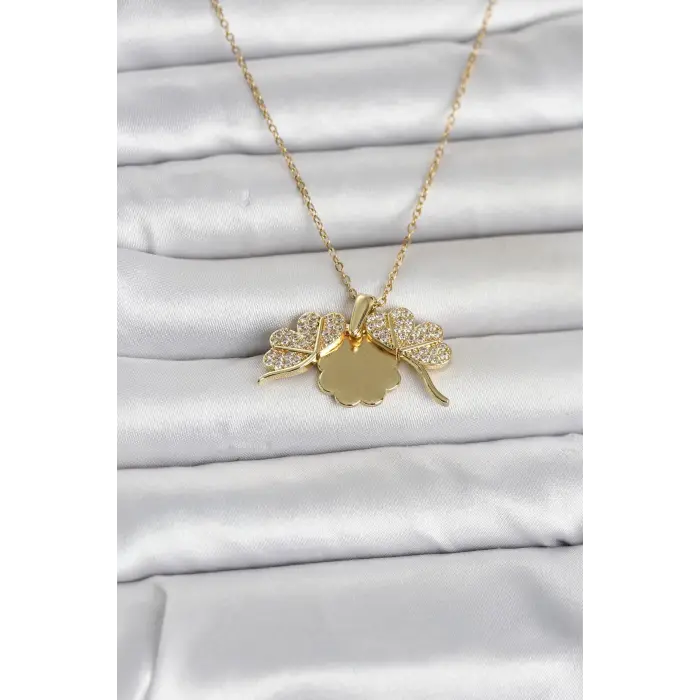 316L Çelik Gold Renk Açılabilir Yonca Model Zirkon Taşlı Kadın Kolye