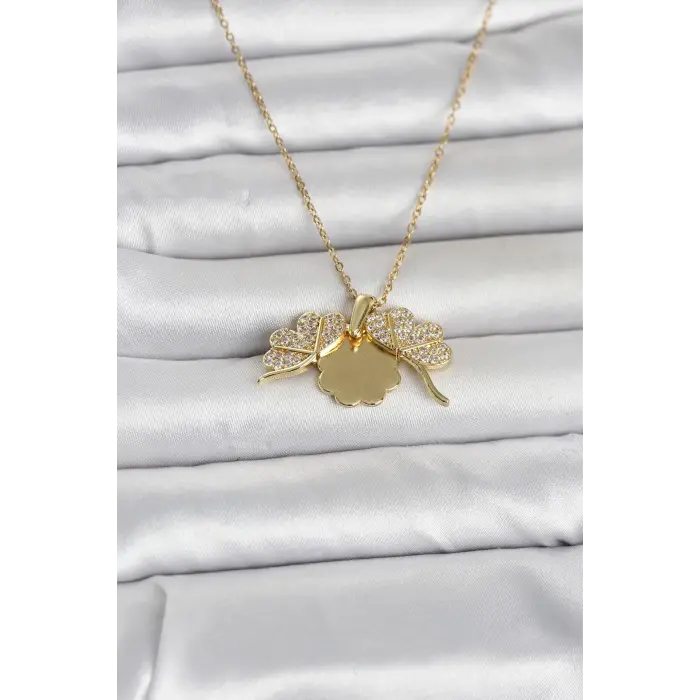 316L Çelik Gold Renk Açılabilir Yonca Model Zirkon Taşlı Kadın Kolye 5886