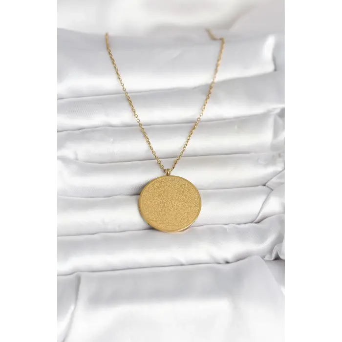 316L Çelik Gold Renk Ayetel Kürsi ve Allah Yazılı Kolye