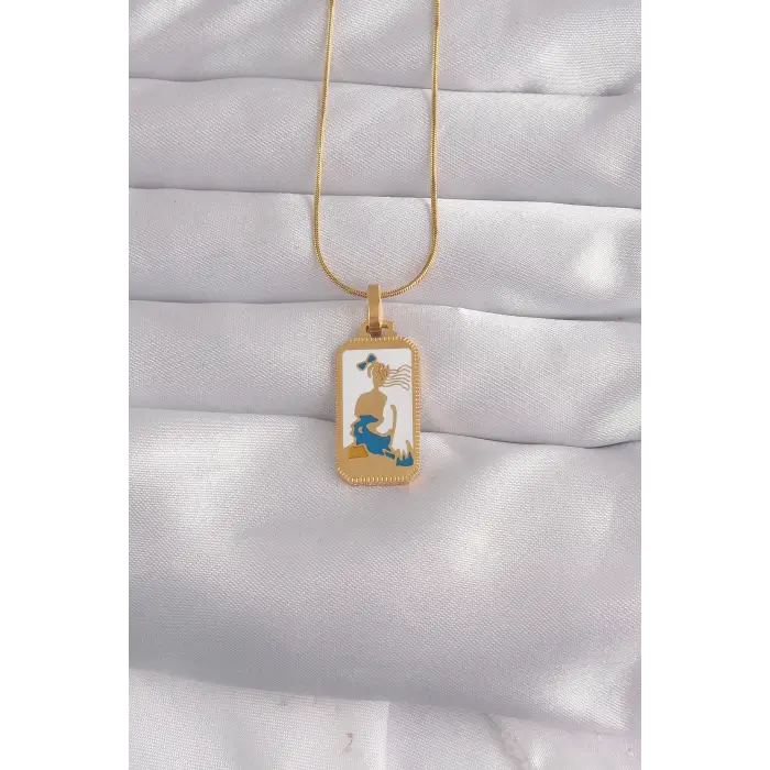 316L Çelik Gold Renk Beyaz Mineli Kız Figür Tarot Kolye