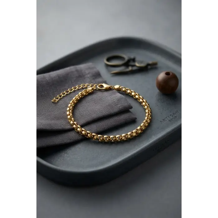 316L Çelik Gold Renk Box Zincir Model Erkek Bileklik