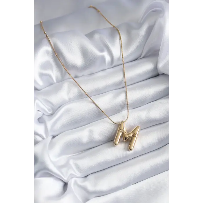 316L Çelik Gold Renk Bubble M Harf Model Kadın Kolye 5886