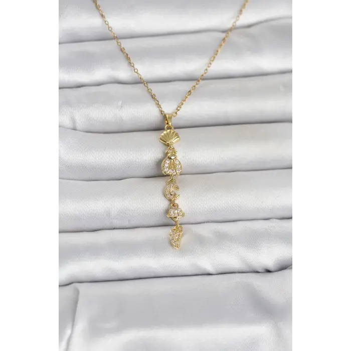 316L Çelik Gold Renk Deniz Temalı Y Model Zirkon Taşlı Kadın Kolye