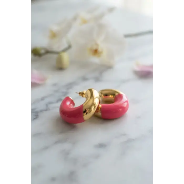 316L Çelik Gold Renk Fuşya Halka Model Kadın Küpe