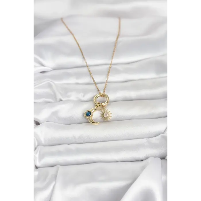 316L Çelik Gold Renk Gece Gündüz Tema Charmlı Kadın Kolye 5886