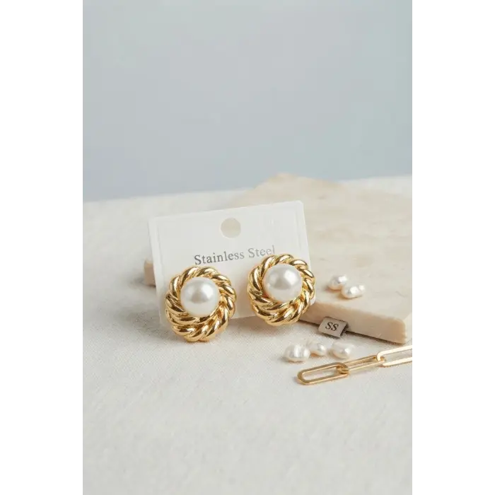 316L Çelik Gold Renk İncili Model Kadın Küpe