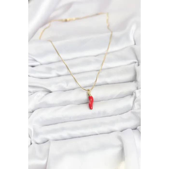 316L Çelik Gold Renk Kapya Kırmızı Biber Model Kadın Kolye 5886