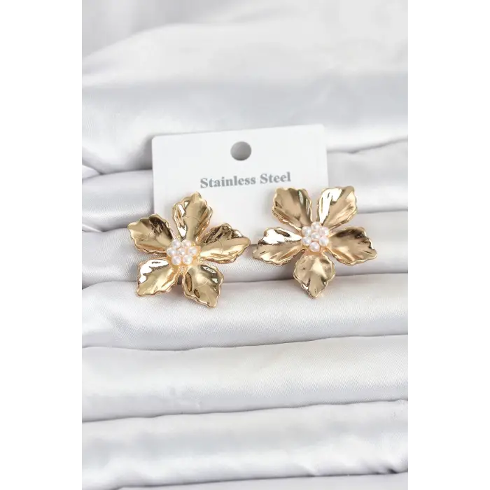 316L Çelik Gold Renk Lotus Çiçek Model Kadın Küpe