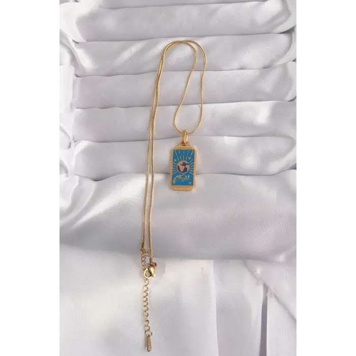 316L Çelik Gold Renk Mavi Mineli El Figür Tarot Kolye 5886