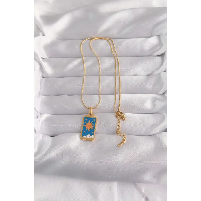 316L Çelik Gold Renk Mavi Mineli Güneş Model Tarot Kolye 5886
