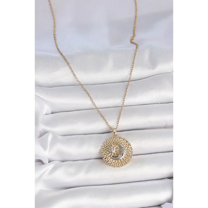 316L Çelik Gold Renk Mix Renk Ay Güneş Model Kadın Kolye 5886