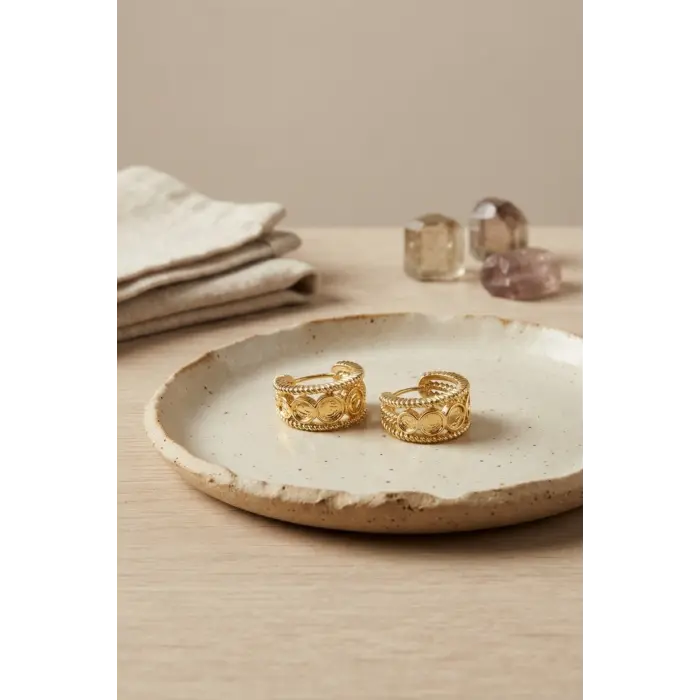 316L Çelik Gold Renk Para Figürlü Kenarları İşlemeli Küpe