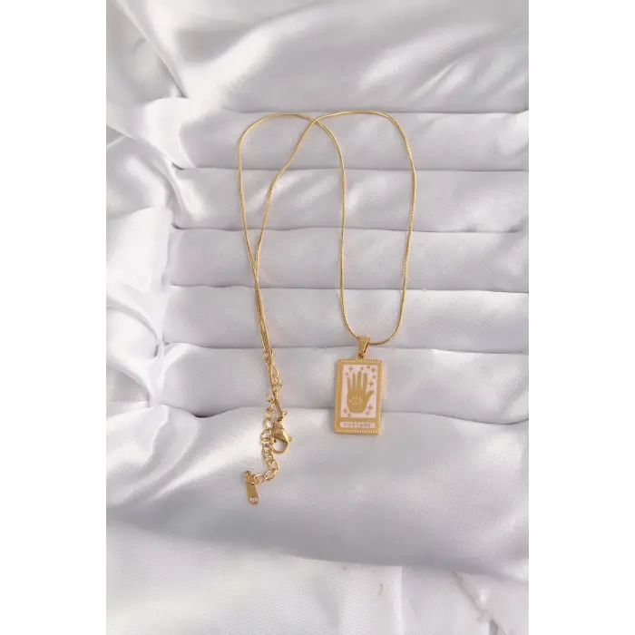 316L Çelik Gold Renk Pembe Mineli El Figür Tarot Kolye 5886