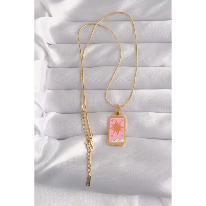 316L Çelik Gold Renk Pembe Mineli Güneş Model Tarot Kolye 5886