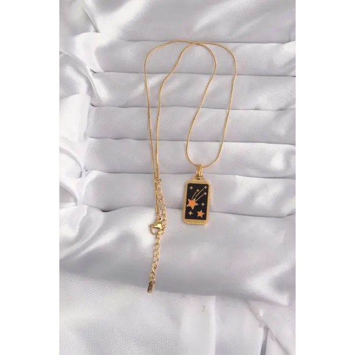 316L Çelik Gold Renk Siyah Mineli Yıldız Figür Tarot Kolye 5886