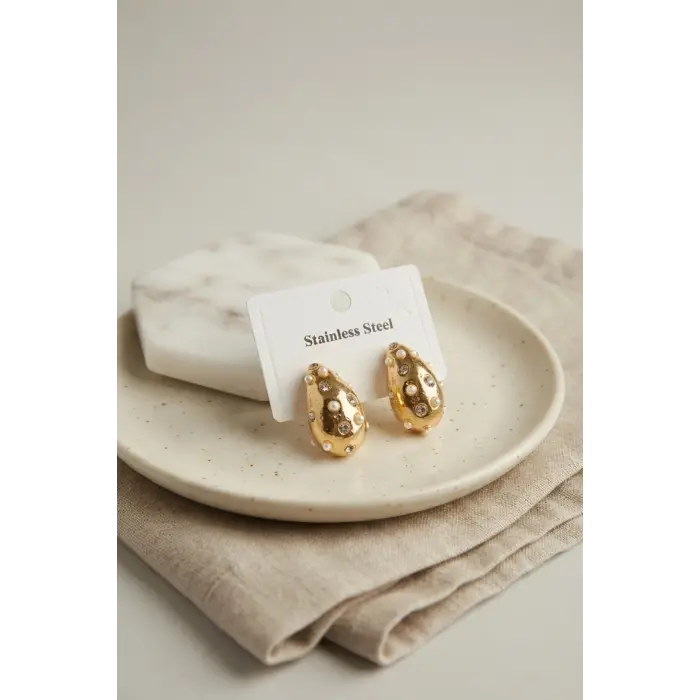 316L Çelik Gold Renk Taşlı Damla Model Küpe