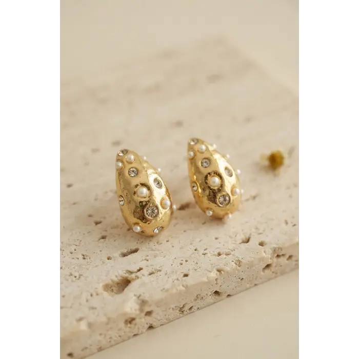 316L Çelik Gold Renk Taşlı Damla Model Küpe