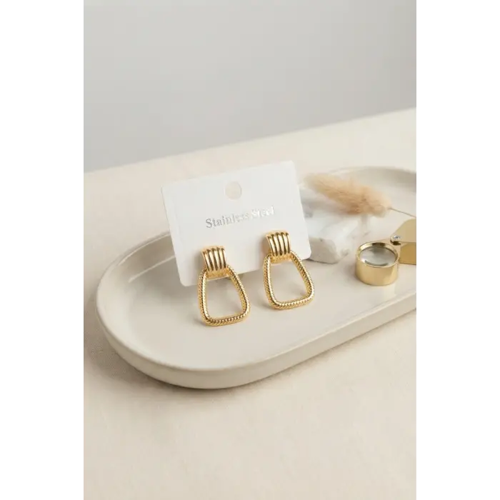 316L Çelik Gold Renk Vintage Trapez Model Küpe